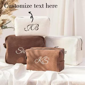 Custom Embroidered Name Large Waffle Cosmetic Bag, Personalized Makeup Travel Pouch, Bridesmaid Toiletry Storage Gift for Women