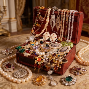 Könnte beinhalten: Eine rote Holzschmuckschatulle, die mit einer Sammlung von Vintage-Schmuck überquillt. Die Sammlung umfasst Halsketten, Ohrringe, Broschen und eine Uhr mit Perlen, Edelsteinen und aufwendigen Metallarbeiten. Der Schmuck wird auf einer gemusterten Oberfläche präsentiert.