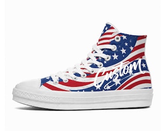 Custom American Flag High Top Sneakers, Personalized Name Unisex Canvas Shoes, Patriotic Casual Gift For Men Women