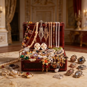 Könnte beinhalten: Eine rote Holzschmuckschatulle, überfüllt mit einer Auswahl an Vintage-Schmuck. Die Sammlung umfasst Halsketten, Ohrringe, Broschen und Ringe in Gold, Silber und verschiedenen Edelsteinen. Perlen, Kristalle und farbige Steine sind prominent.