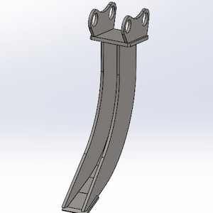 Può includere: Un componente metallico grigio curvo con una base rettangolare e una sezione superiore con due fori circolari. Il design suggerisce una parte per macchinari pesanti o attrezzature edili. La forma generale è allungata e robusta.
