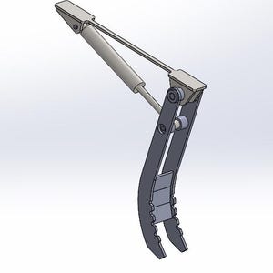 Può includere: Rendering 3D di un artiglio meccanico dal design curvo. L'artiglio presenta un corpo grigio, un cilindro argentato e un'asta di collegamento. L'estremità di presa dell'artiglio ha più denti.