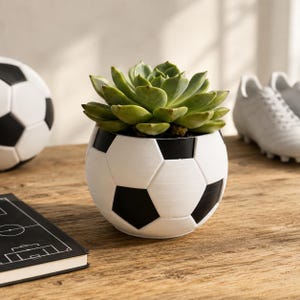Pode incluir: Um vaso redondo em forma de bola de futebol com um padrão hexagonal clássico em preto e branco, contendo uma planta suculenta verde. O vaso apresenta uma superfície texturizada e assenta sobre uma superfície de madeira junto a uma bola.