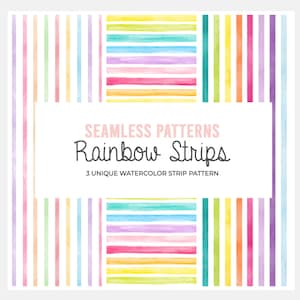 May include: A square image featuring a white rectangle with the text "SEAMLESS PATTERNS Rainbow Strips" and "3 UNIQUE WATERCOLOR STRIP PATTERN". The background has vertical and horizontal watercolor stripes in various colors, including pink, yellow, blue, and purple.