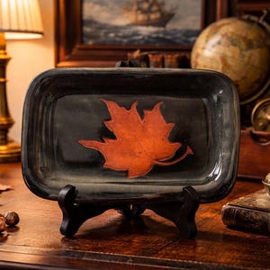 Lentz Island Stoneware PEI Canada Signed Maple Leaf Catchall Dish Red Earthenware Studio