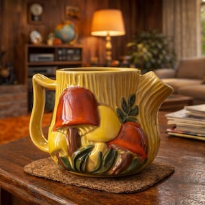 Puede incluir: Una tetera de cerámica amarilla con un diseño caprichoso de setas. La tetera tiene un asa y un pico grandes, con setas rojas, amarillas y marrones. Se encuentra sobre un posavasos marrón en una mesa de madera.