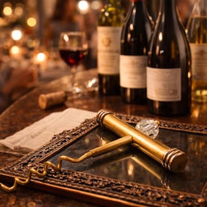 May include: A gold-colored corkscrew with a crystal accent rests on a decorative framed mirror. Several wine bottles and a glass of red wine are in the background, suggesting a wine-tasting theme. A cork and a folded white cloth are also on the table.