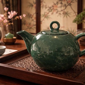 Puede incluir: Una tetera de cerámica verde oscuro con cuerpo redondo y tapa con asa de anillo. La tetera está sobre una bandeja de madera oscura con un diseño decorativo. Una taza de té pequeña y otros objetos están en el fondo.