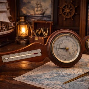 May include: A vintage wooden barometer with a thermometer and a smaller gauge, likely a hygrometer, sits on a map. The barometer has a circular face with a needle and markings. A nautical theme is present with a model ship and a ship's wheel in the background.