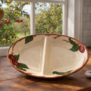Franciscan Apple Divided Vegetable Bowl 11” USA Hand Decorated Serving Bowl Apple Pattern