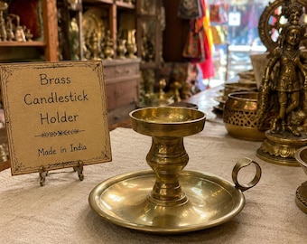 Brass Chamberstick Candle Holder Finger Ring Handle Drip Tray Solid Brass Handmade 6”