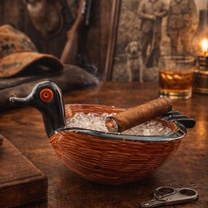 May include: A ceramic duck-shaped ashtray with a lit cigar resting inside. The ashtray is brown and black, filled with ice. The scene is set on a wooden table, with a vintage aesthetic.