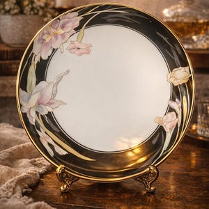 Plat de service Mikasa Charisma Black L9050 - Porcelaine fine 12,5 po. - Japon - Modèle floral abandonné