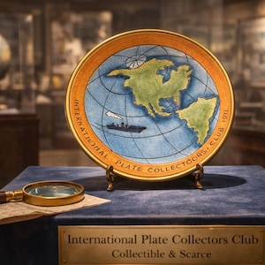 May include: A decorative plate with a world map design and a ship illustration, set on a stand. The plate has a gold rim. A magnifying glass and a sign reading "International Plate Collectors Club" are in front. The plate is likely 25 cm in diameter.
