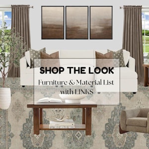 May include: A curated interior design scene featuring a white sofa with patterned pillows, a wooden coffee table, and a patterned rug. The image includes a floor lamp, curtains, and artwork, with text that reads "SHOP THE LOOK".