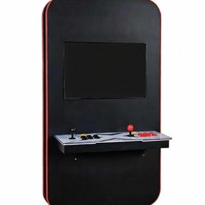 May include: A black arcade cabinet with a red trim. It features a screen, a control panel with a joystick and buttons, and a shelf. The cabinet is designed for gaming.