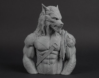 Busto de hombre lobo de 110 mm / Miniatura de fantasía impresa en 3D sin pintar / Pieza de exhibición para aficionados a la pintura / Pedestal estándar o temático
