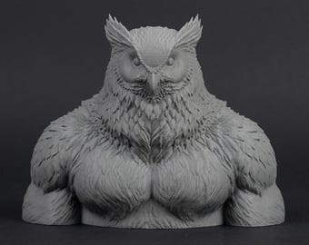 Busto de oso-búho macho de 110 mm / Miniatura de fantasía impresa en 3D sin pintar / Pieza de exhibición para aficionados a la pintura / Pedestal estándar o temático