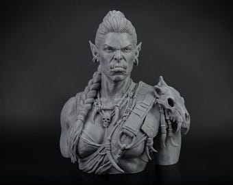 Busto de caudillo orco femenino de 110 mm / Miniatura de fantasía impresa en 3D sin pintar / Pieza de exhibición para aficionados a la pintura / Pedestal estándar o temático