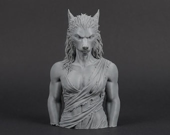 Busto de mujer lobo de 110 mm / Miniatura de fantasía impresa en 3D sin pintar / Pieza de exhibición para aficionados a la pintura / Pedestal estándar o temático