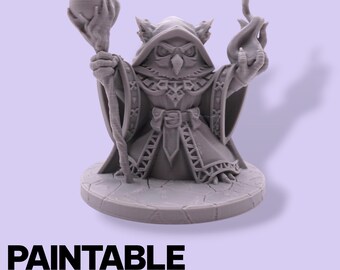 Miniatura fantástica de Búho Brujo – Figura a escala de 75 mm para pintar / Bastón de mago para juegos de rol de mesa