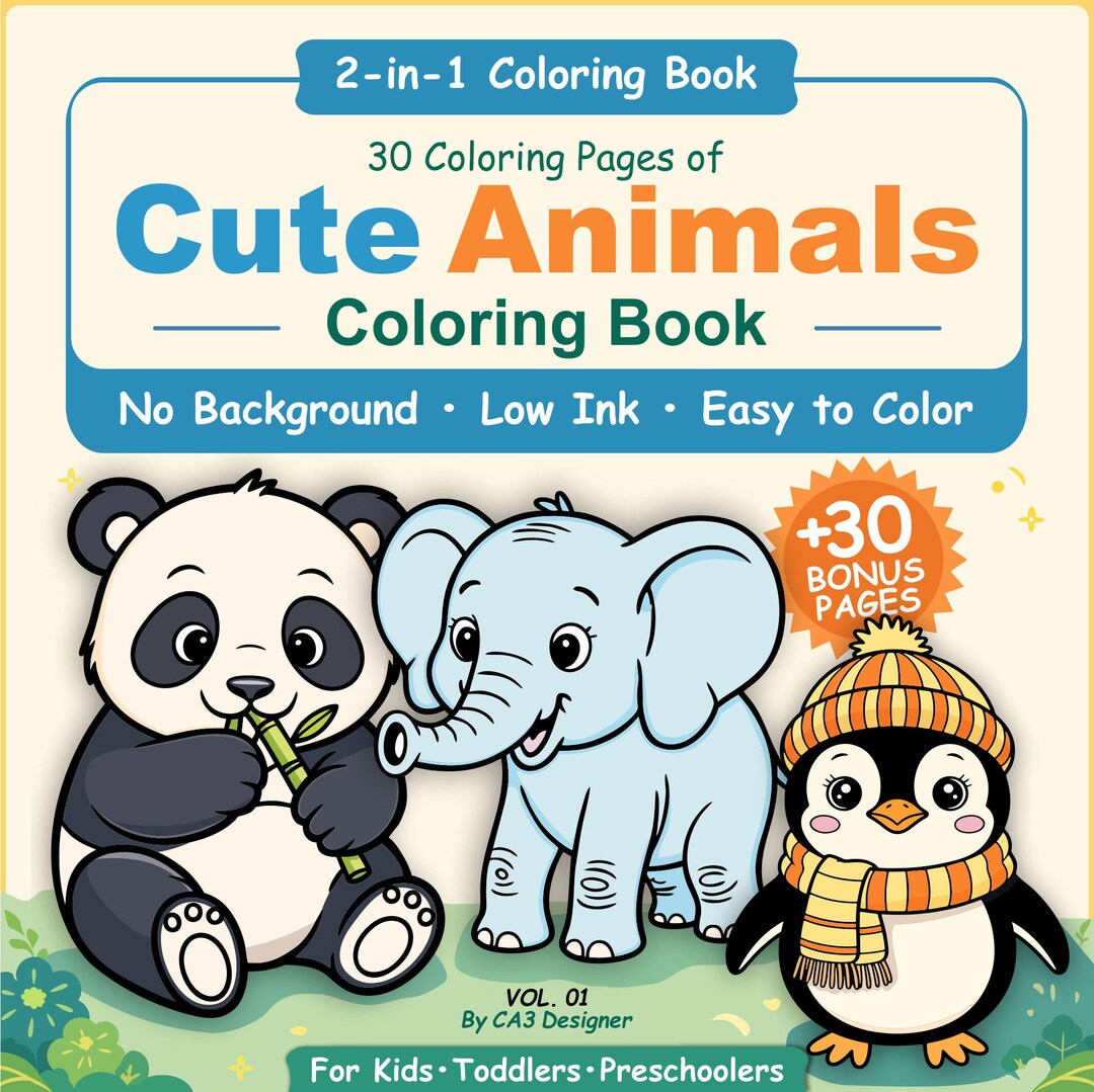 Animals Coloring Book 30 Pages, No Background, Instant Download (VOL