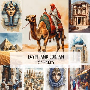 Peut inclure: Un collage d'illustrations à l'aquarelle sur les thèmes égyptiens et jordaniens. Les images comprennent le buste d'un pharaon, des pyramides, un chameau avec un cavalier, de l'architecture ancienne et une mosquée. Le texte "EGYPT AND JORDAN 57 PAGES" est affiché.