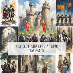 May include: A collection of watercolor illustrations depicting scenes from the legend of King Arthur and Camelot. The images include knights in shining armor, a grand castle, and the text "Camelot and King Arthur 151 Pages".
