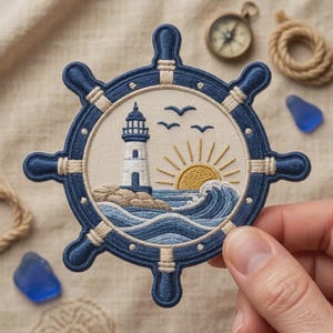 Nautical Ship Wheel Lighthouse Embroidered Patch, Ocean Waves Sunset Iron On Patch, Maritime Beach Coastal Badge for Bag Jacket