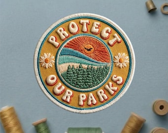 Protect Our Parks Embroidered Patch, Vintage Nature Conservation Iron On, National Park Forest Sunset Sew On Patch for Denim Jacket