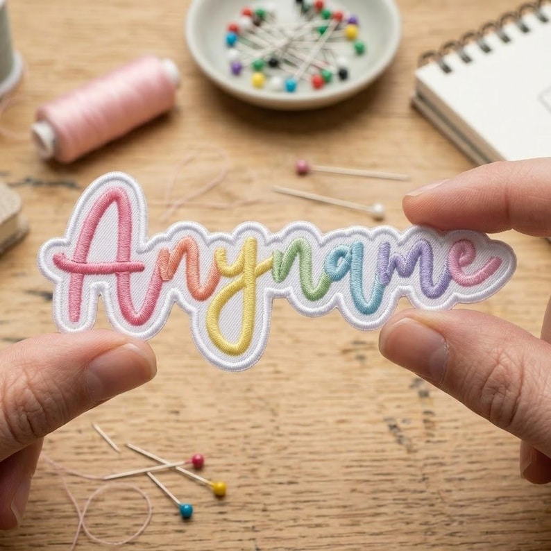 Op de afbeelding: Een witte stoffen patch met het woord Anyname geborduurd in een verloop van roze, oranje, gele, groene, blauwe en paarse draad. De letters zijn in cursief schrift met een geschulpte witte rand, vastgehouden tussen twee vingers.