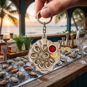 May include: A keychain featuring a shell-shaped charm holding a miniature display of eight oysters on ice, a small cup of red sauce, and a lemon wedge. The charm is cream-colored with the text Shuck It printed at the bottom.