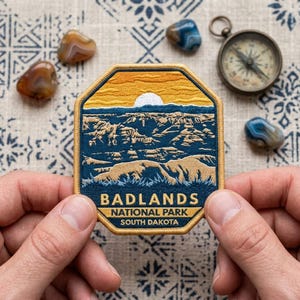 Badlands National Park Patch, South Dakota Mountain Badge, Retro Sunset Iron On Hiking Souvenir, Custom SD Nature Emblem Jacket Backpack