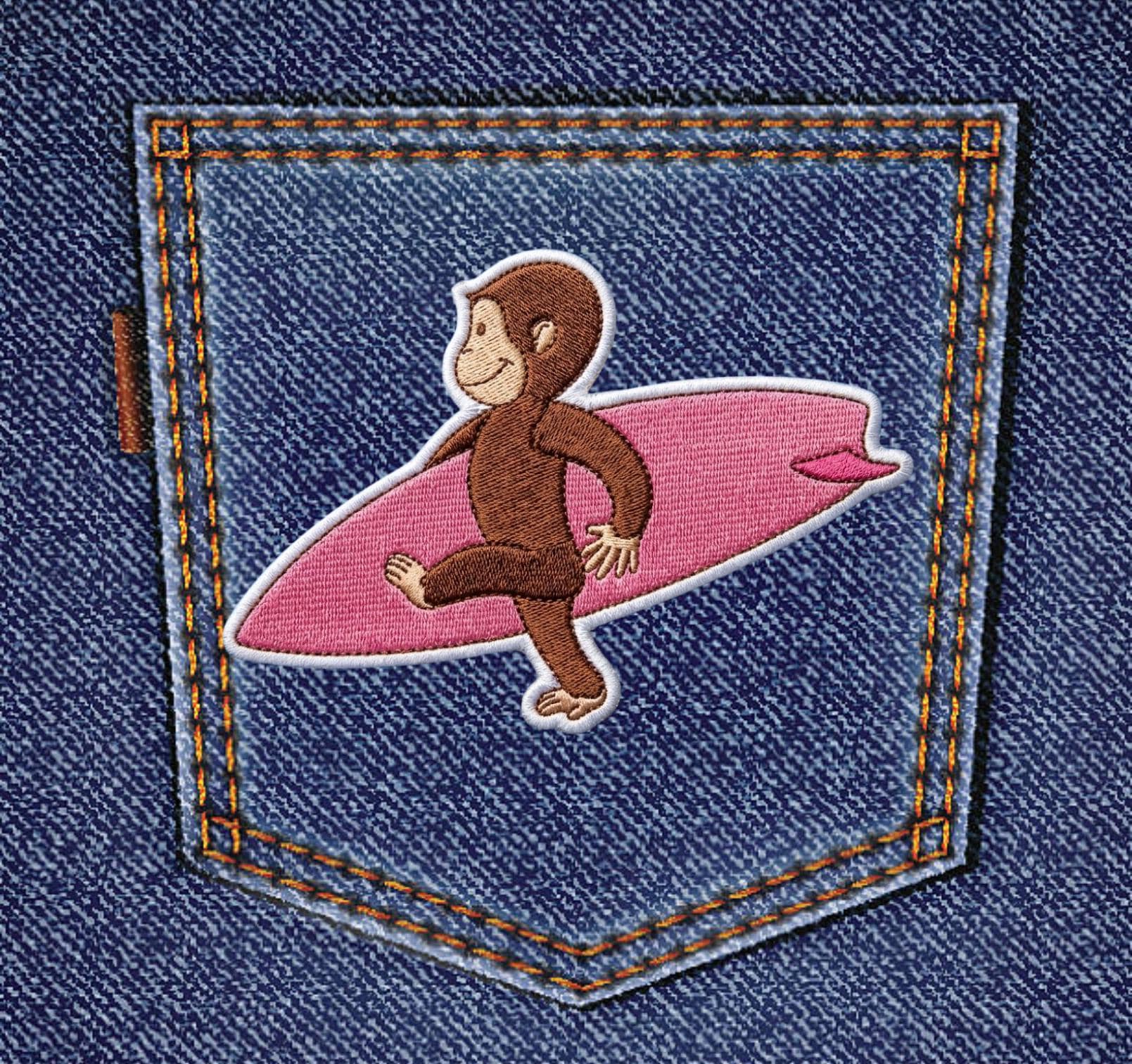 Curious George Monkey Surfing Embroidered Patch, Pink Surfboard