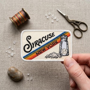 Syracuse New York Patch, Salt City Shaker Embroidered Badge, Retro Rainbow Iron On Travel Souvenir, Vintage NY Emblem for Jacket Backpack