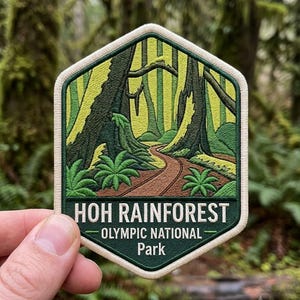Hoh Rainforest Olympic National Park Patch, Washington PNW Hiking Iron On, Mossy Forest Tree Embroidered Sew On Applique Backpack Jacket