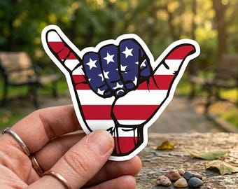 American Flag Shaka Hand Sticker, Patriotic Hang Loose Vinyl Decal, USA Pride Surf Gesture Sticker for Laptop, Water Bottle, or Car Bumper