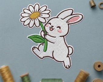 Cute Bunny Daisy Flower Patch, Kawaii White Rabbit Iron On Applique,Whimsical Spring Animal Badge for Jackets,Cottagecore Backpack Accessory