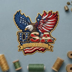 May include: Embroidered patch featuring a bald eagle with outstretched wings, in red, white, and blue. The word "USA" is prominently displayed, along with "250 YEARS" on a banner. The patch is likely for apparel or crafts.