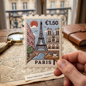May include: A rectangular embroidered patch shaped like a postage stamp featuring a Paris cityscape with the Eiffel Tower, Notre Dame, a croissant, a coffee cup, and the text €1.50 and PARIS. The design includes a red sun and blue river.