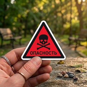May include: A red, black, and white triangular sticker featuring a skull and crossbones symbol. The word "ОПАСНОСТЬ" is printed in white letters on the sticker. The sticker is held in a hand against a blurred outdoor background.