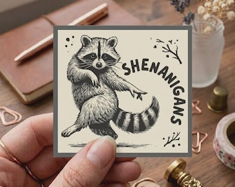 Raccoon Shenanigans Sticker, Woodcut Trash Panda Decal, Funny Mischievous Animal Laptop Sticker, Dancing Raccoon Gift, Linocut Style Decal