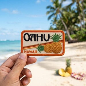 Oahu Hawaii Patch, Embroidered Iron On Applique, Vintage Pineapple Tropical Island Travel Souvenir Badge for Jackets and Backpacks