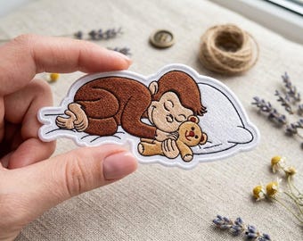 Curious George Sleeping Patch, Monkey Teddy Bear Embroidered Iron On Applique, Cute Cartoon Kids Badge for Backpack Denim Jacket