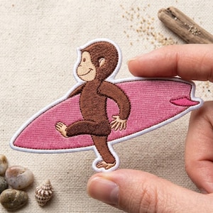 Curious George Monkey Surfing Embroidered Patch, Pink Surfboard Iron On, Summer Beach Cartoon Sew On Applique for Denim Jacket Backpack