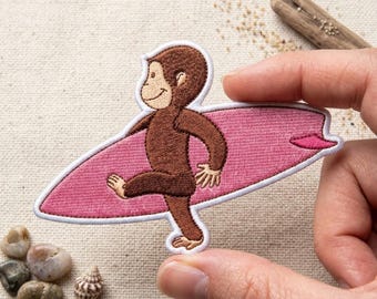 Curious George Monkey Surfing Embroidered Patch, Pink Surfboard Iron On, Summer Beach Cartoon Sew On Applique for Denim Jacket Backpack
