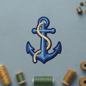 May include: An embroidered patch featuring a navy blue anchor with a light yellow rope wrapped around the central shaft. The anchor has a classic design with two pointed flukes at the base and a circular ring at the top, rendered in thread.