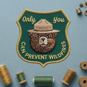 Smokey the Bear Patch, Vintage Forest Service Firefighting Embroidered Iron On Badge, National Park Wildlife Applique for Hats Jackets