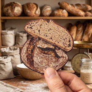 May include: A detailed embroidered patch shaped like a sliced loaf of sourdough bread. The patch features realistic brown and tan thread colors depicting the crust and the porous, airy texture of the bread crumb, finished with a dark brown border.
