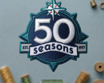 Seattle Mariners 50 Seasons Anniversary Patch, Est 1977 Baseball Commemorative Badge, Navy and Teal Compass Iron On Patch